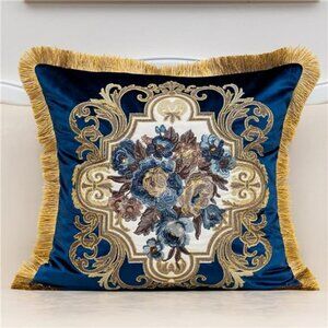 Navy Blue Velvet Floral Throw Pillow Cover 18x18 Embroidered Decorative Cushion